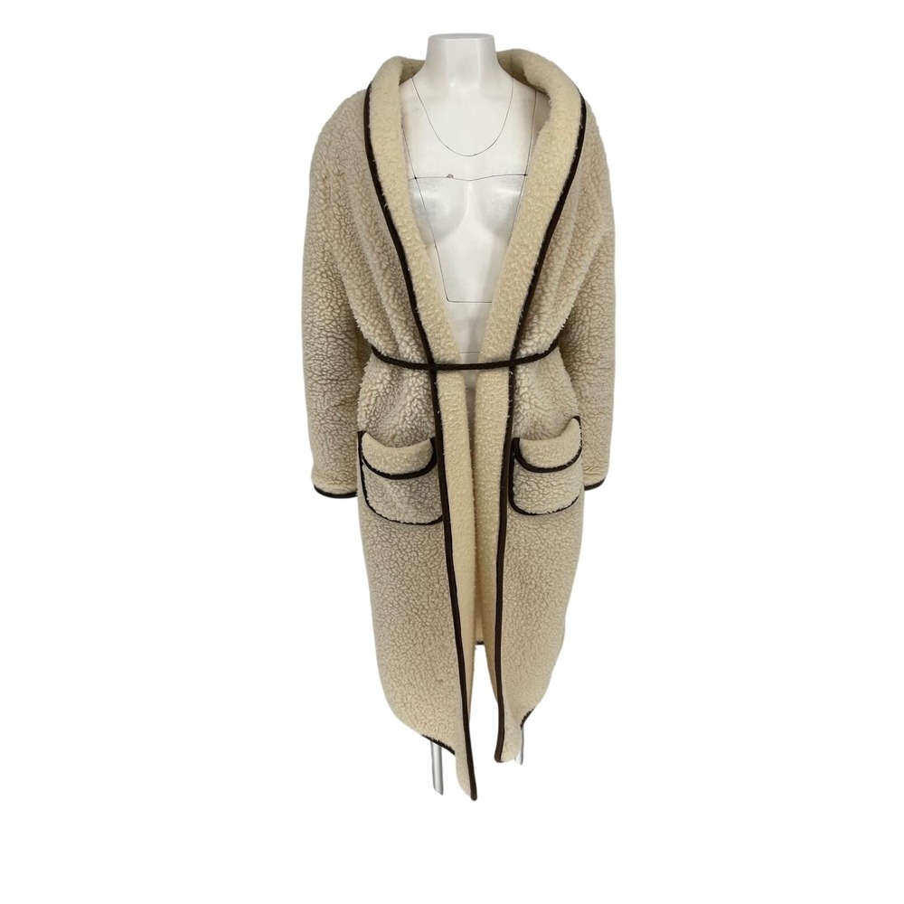 Vintage 70s Wool Sherpa Teddy Coat Oversized Cream Brown Belted Cocoon